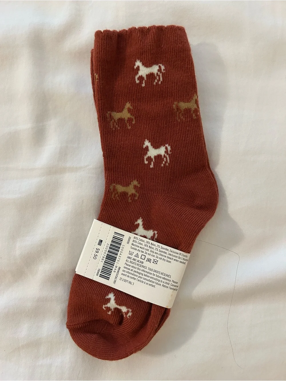 Janie and Jack Rust Horse Knit Crew Socks with Tan & White Motif